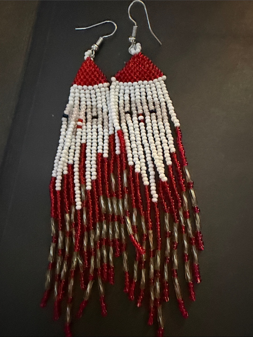 Handmade Red and White Beaded Santa Fringe Earrings